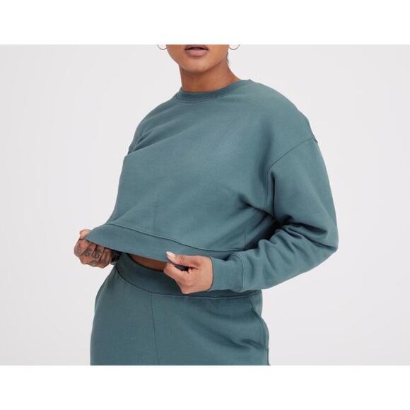 Girlfriend Collective Cropped Crewneck Long Sleeve Sweat Shirt Sz‎ M Teal - Picture 1 of 9